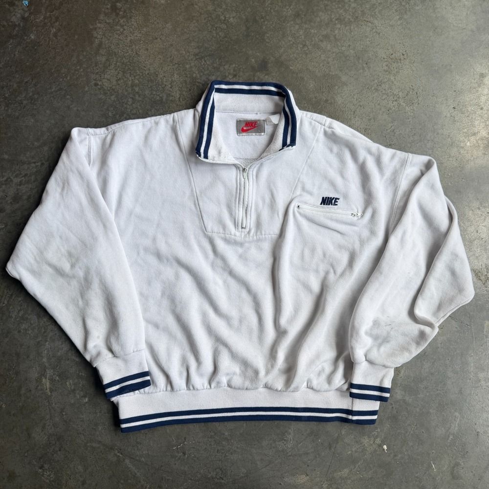 Vintage 80s Nike 1/4 Zip Front Pocket Sweatshirt Pullover White Mens Large USA